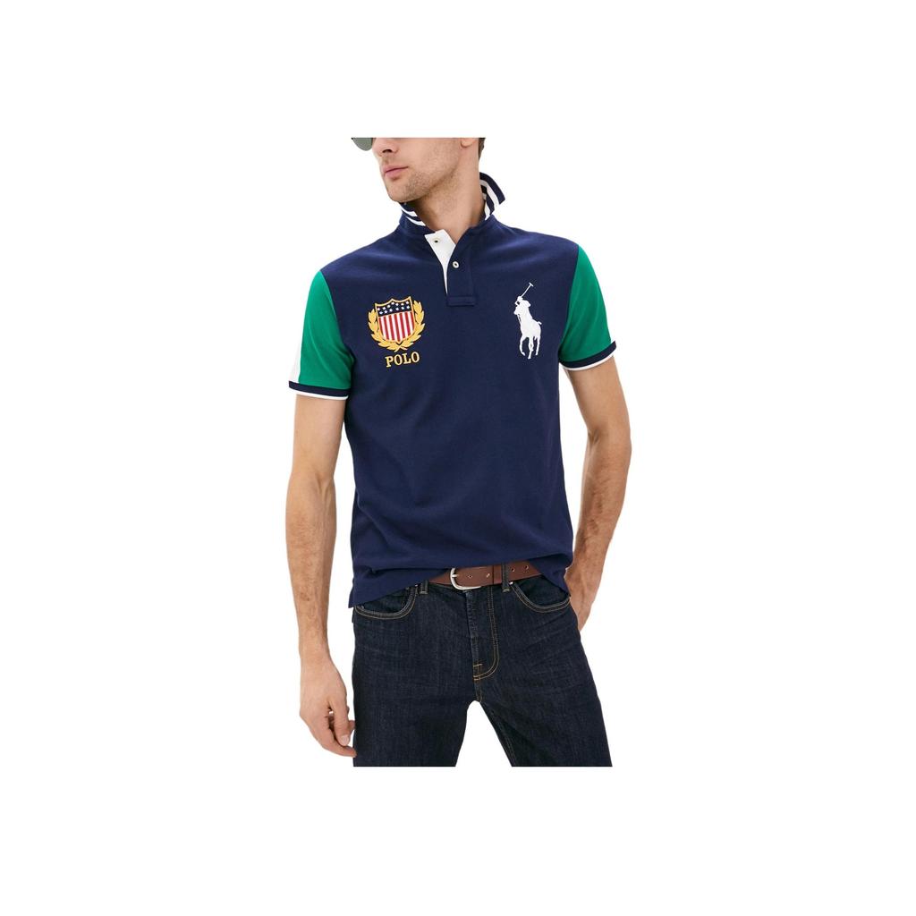 Polo Ralph Lauren Color Block Big Pony Logo Embroidered Short Sleeve Polo Shirt Men Polo Shirts Navy-Blue 710800516-001