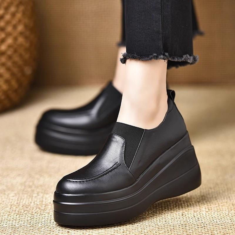 European station soft leather heightening waterproof platform thick-soled muffin shoes super high heel wedge heel heightening single shoes women