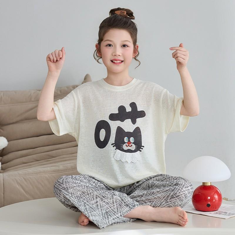 Cute Cartoon Family Matching Pajamas Set Girls Moms Soft Tencel Short Sleeve Long Pants Sleepwear