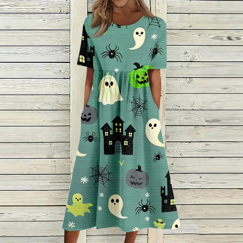 Women's Halloween Print Casual Fashion Round Neck Pocket Midi Dress Comfortable Loose Fit Short Sleeve Dress for Everyday Wear