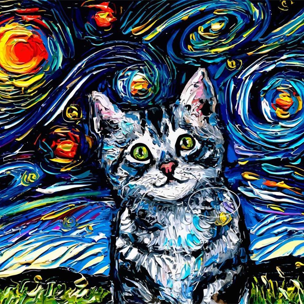 5D Diy Diamond Painting Cross Stitch Embroidery Mosaic Funny Black Cat Flower Van Gogh The Starry Night Full Round Drill Home Decor Wall Art Gift