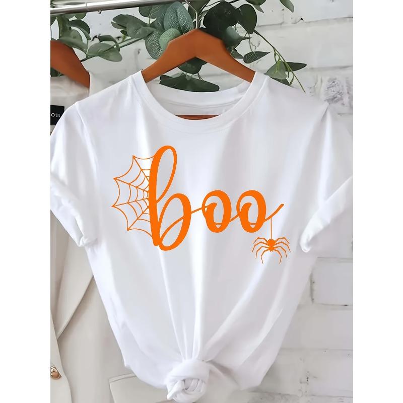 Womens Boo Spider Web Spider Print Crew Neck T Shirt Short Sleeve Machine Washable Casual Spring Summer All Season Halloween Top