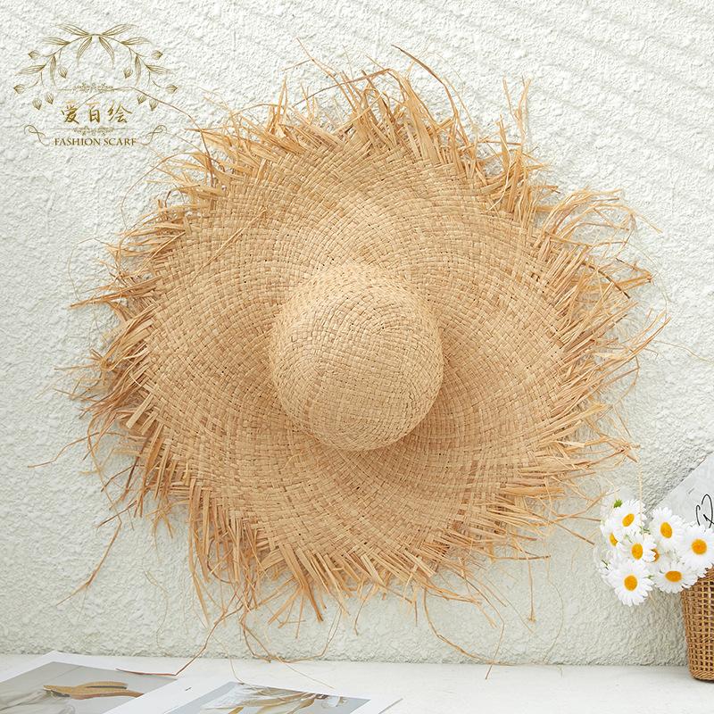 Handmade Weave Natural Raffia Straw Hats For Women Girl Summer Large Tassel Wide Brim Panama Beach Sun Hat Lady Holiday Jazz Cap