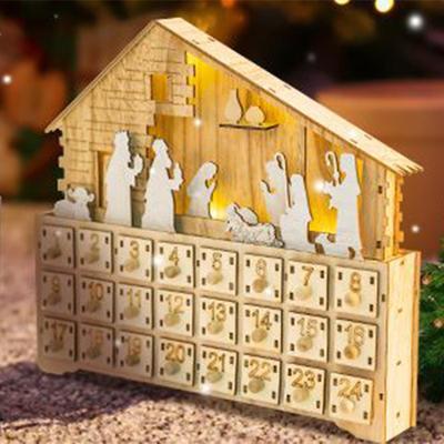 Hölzerne Krippe Adventskalender 24-Tage-Countdown mit LED-Licht Schubladenbox Weihnachts-Basteldekoration für Tischplatte Zuhause Feiertag