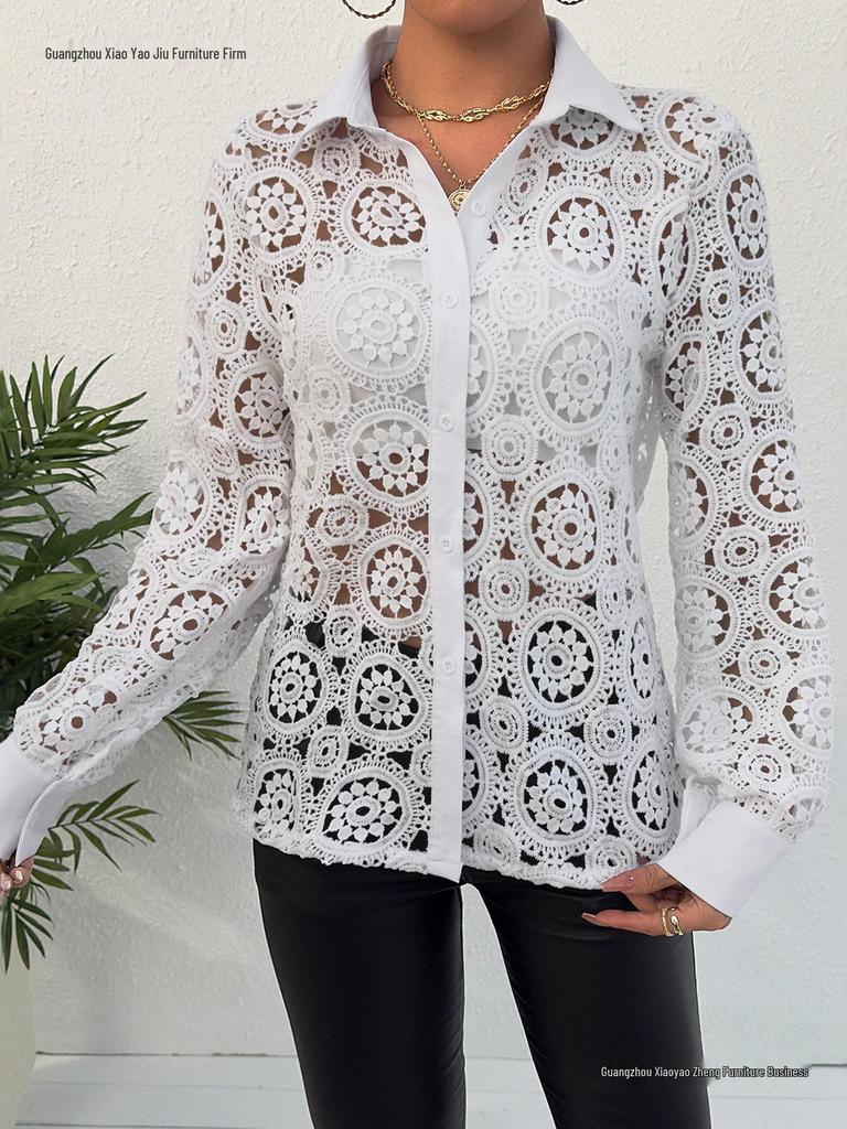 Spring 2026 Lace V-Neck Long Sleeve Women's Blouse
