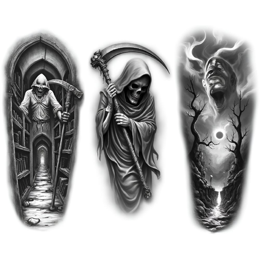 3pcs Temporary Tattoo Realistic Temporary Tattoos Skull With Reaper With Scythe Grim Reaper For Thighs Men Women