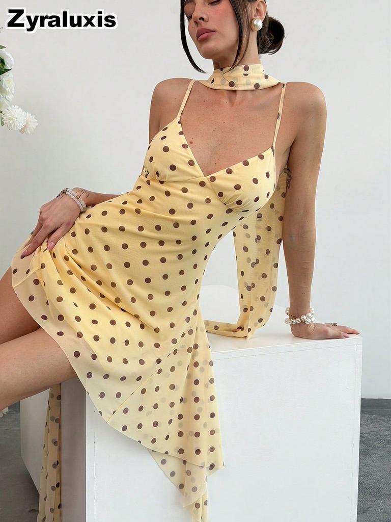 Women's Summer New Lightweight Chiffon Elegant Halter Suspender Ruched Printed Polka Dot Dress