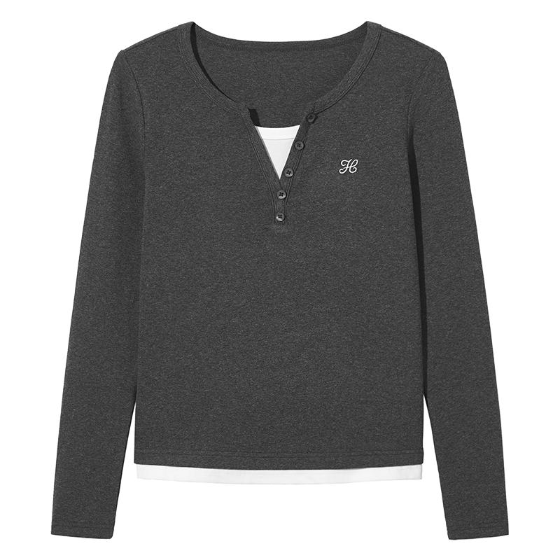 Hotwind Women's Faux Two-Piece Long Sleeve V-Neck T-Shirt