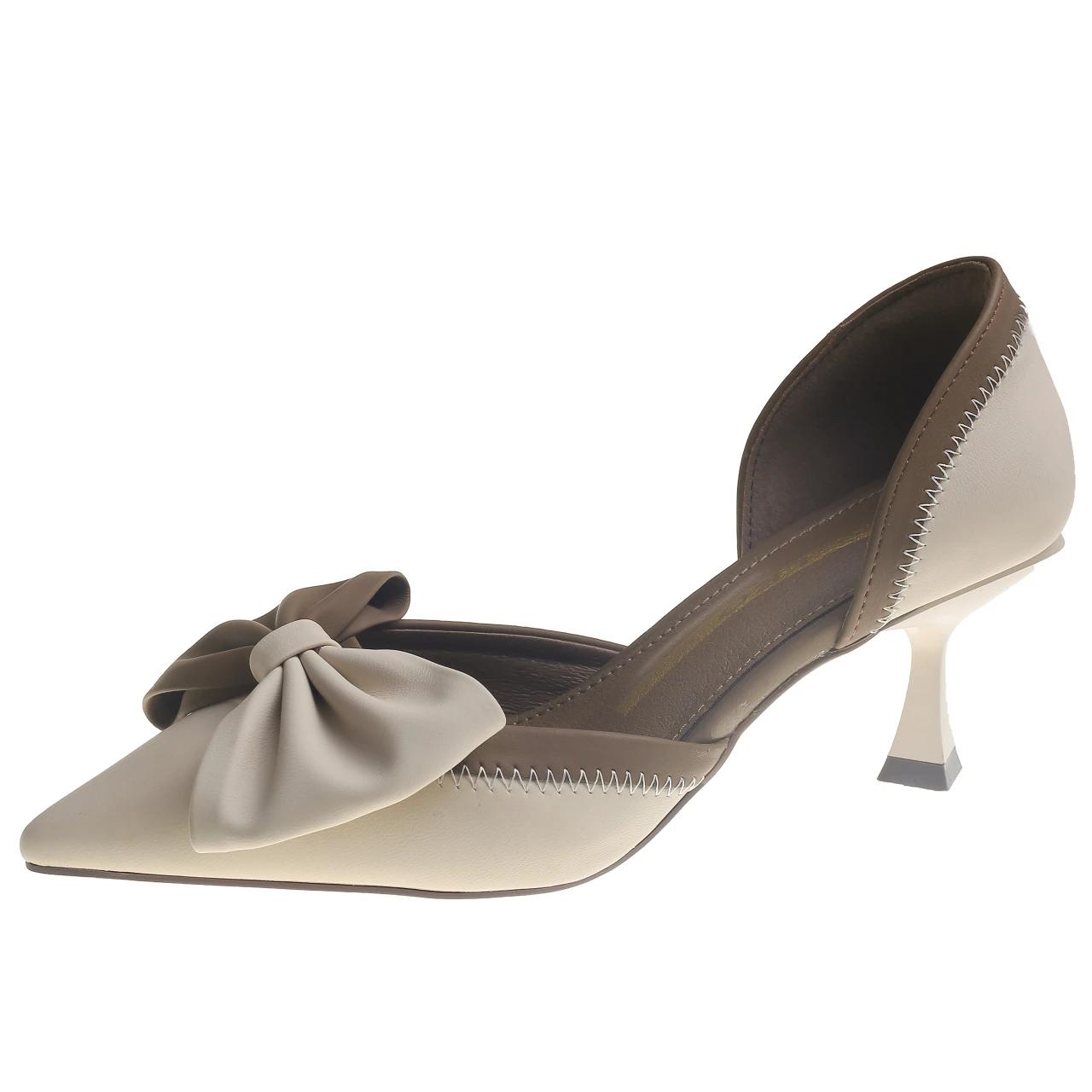 

Модные цветные туфли на высоком каблуке для женщин 2024 года, новые женские босоножки с неглубоким носком и бантом, декоративные женские сандалии Zapatos De Mujer 39 бежевый