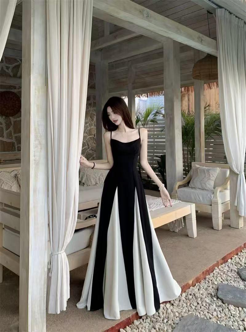 

French splicing contrasting color suspender dress women s summer design sense waist a-word skirt large pendulum floor long dress S чёрный
