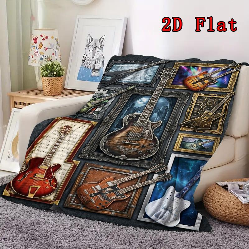 Guitar Art Collage 2D Flat Pattern Flannel Blanket, High Quality All Seasons, Home Decor, Warmth and Comfort, Perfect for Christmas Gifts.
