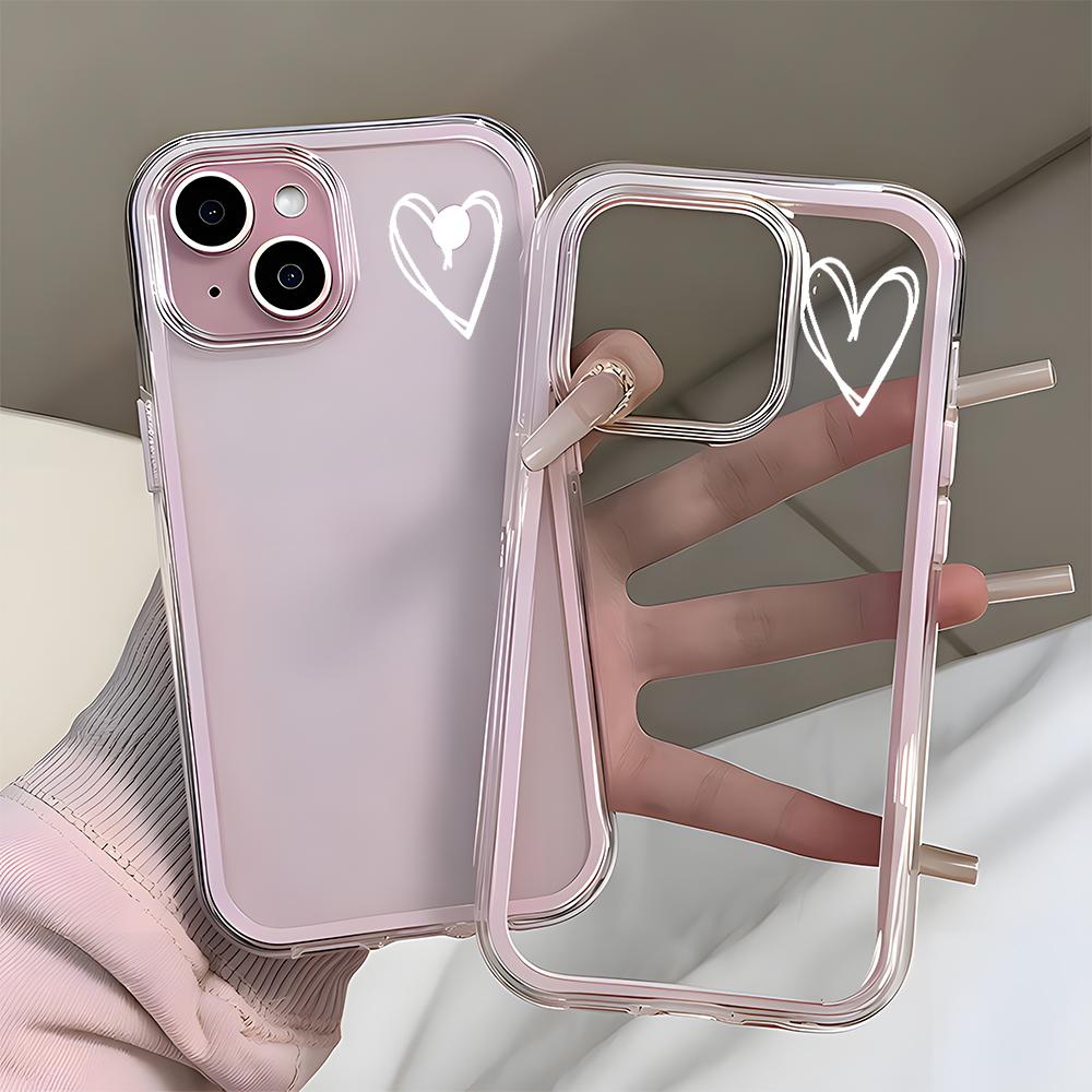 Simple White Heart Pattern 2 in 1 Candy Color Clear Phone Case For iPhone 11 12 13 14 15 16 17 Pro Max Plus Air Silicone Cover