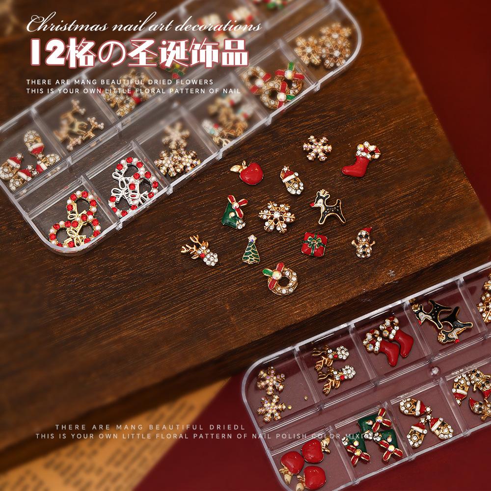 12 Grid Christmas Series Nail Jewelry Mixed Alloy Snowflake Deer Santa Claus Wreath Decoration