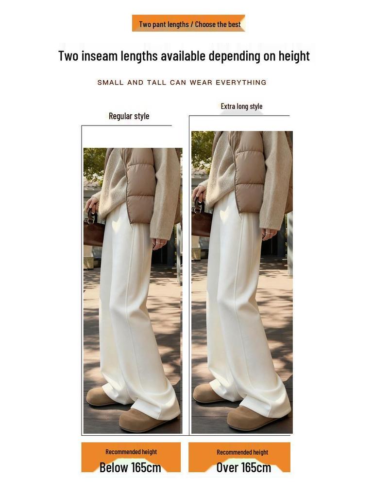 Women's Cozy Off-White Cashmere Wide-Leg Pants, Winter 2026, High-Waisted, Fleece-Lined, Casual Glutinous Rice Style.