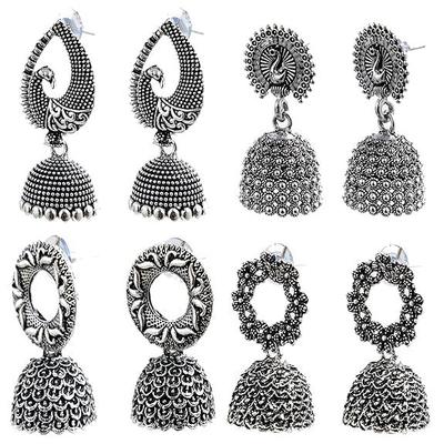 Fashion Latest Traditional Oxidized Silver and Antique Golden Base Metal Dangle and Drop (COMBOs of 4) Jhumki Earrings for Women & Girls