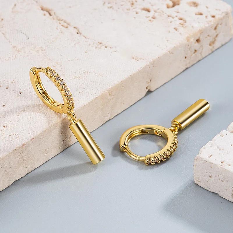 Women Earrings Original 925 Sterling Silver Pave CZ Round Stick Huggie Hoop Earrings Engagement Wedding Party Jewelry
