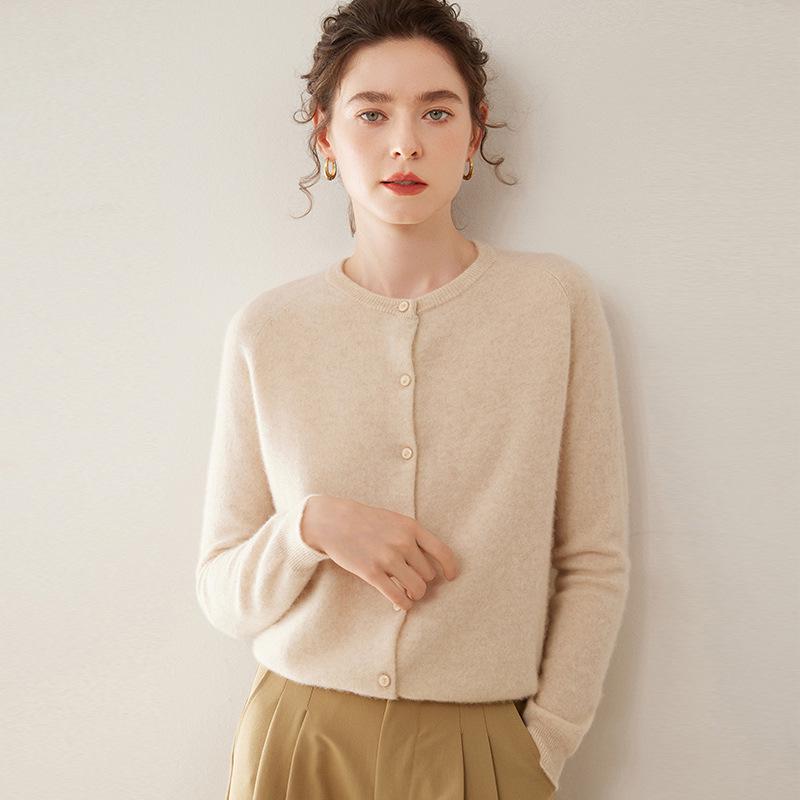 Women's Loose Fit Cashmere Raglan Cardigan – Round Neck, Long Sleeve, Solid Color