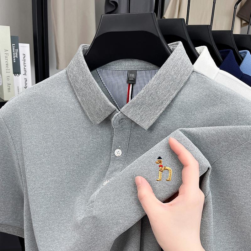 Short-Sleeved T-Shirt Men'S Medium And Green Lapel Collar Business Casual Solid Color Polo Shirt Simple Embroidery