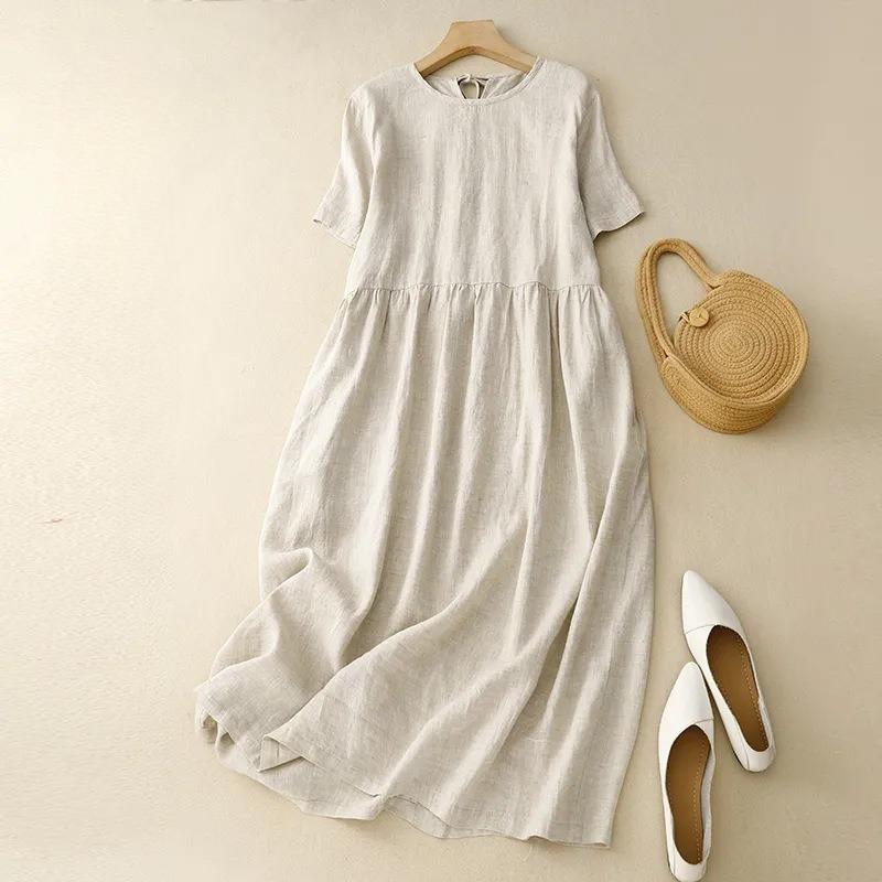 Summer Cotton Linen Women Dresses Vintage Short Sleeve Casual Loose Back Bandage Harajuku Party Club Dress with Pockets