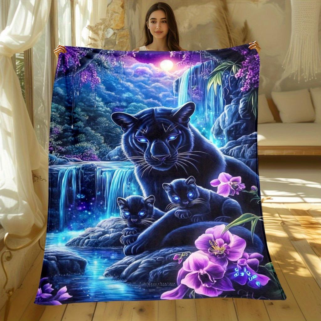 1Pc Mystic Black Panther Family Flannel Blanket Night Forest Wildlife Art Soft Throw Home Decor Blue Glow Pattern Comforter