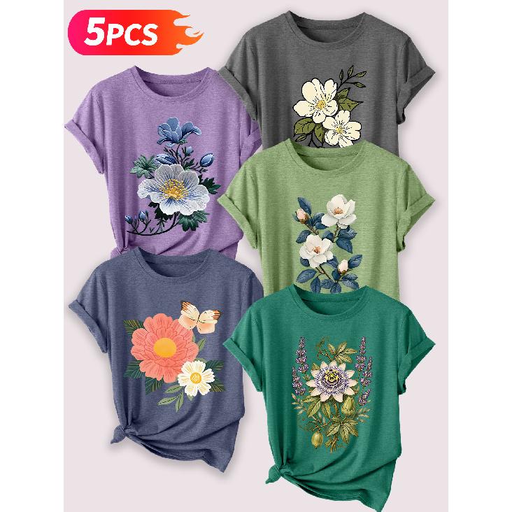 Follow a specific direction Five-piece set for women T Shirt Vintage Floral Illustration Print Summer Casual Elegant Women's Clothing Short Sleeve
