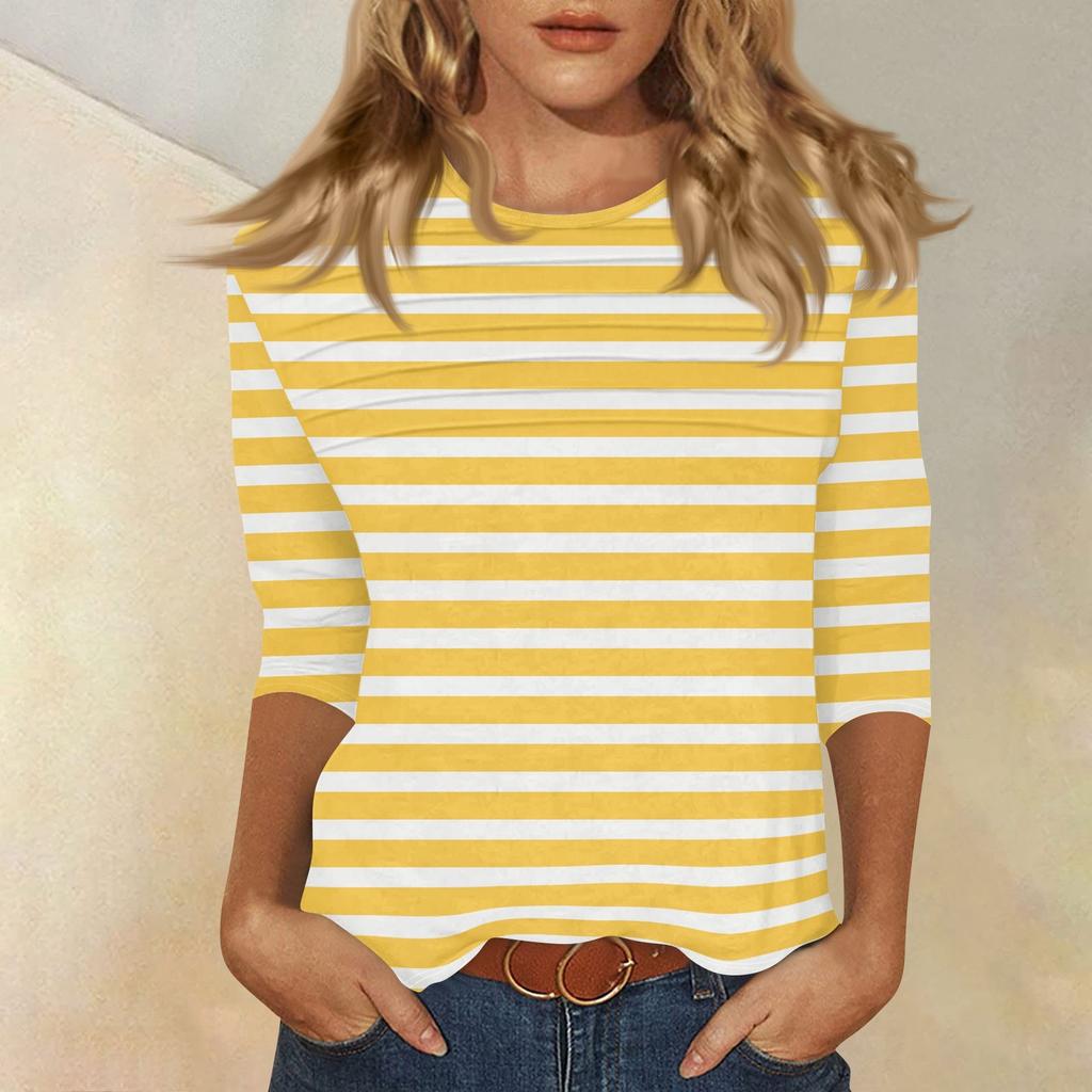 Women's O-neck 3/4 Sleeve Striped Print Top