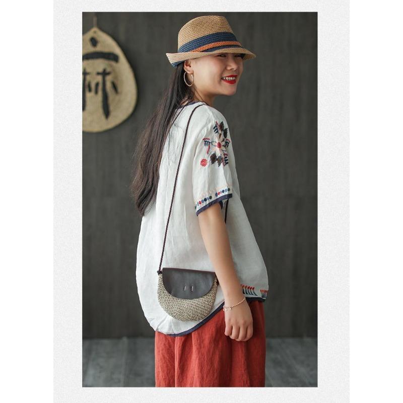 Ethnic Style Cotton and Linen Embroidered T-shirt for Women Summer Retro Loose Versatile Short-sleeved Top