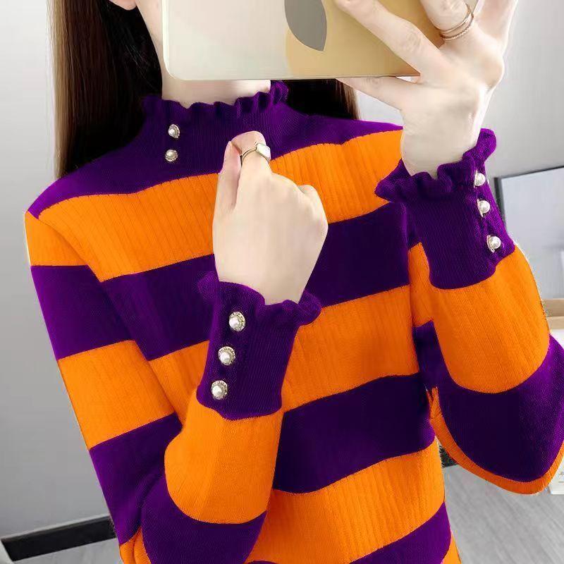 

Женский свитер с полувысоким воротникомОсенне-зимний свитер с цветными блоками, эластичный вязаный свитер, короткий полосатый пуловер, толстый вязаный топ XL фиолетовый