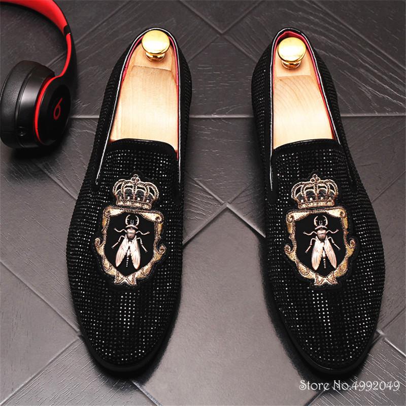 Fashion NEW Pointed Toe Embroidery Rhinestone Flats Shoes For Men Male Wedding Dress Prom Homecoming Shoes Zapatos Hombre Vestir