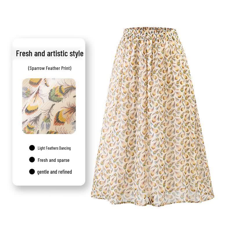 Snowforte 100% Mulberry Silk Peacock Feather Floral A-line Skirt F