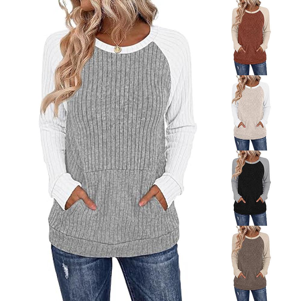 Fall/Winter Round-neck Color-Contrasting Pockets Ribbed Long-Sleeved Loose-Tee Women's Shirt