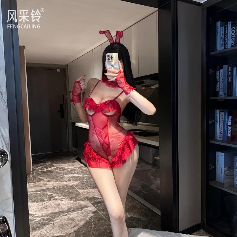 Free Sex Lingerie Sexy Bunny Cute Uniform Couple Female Lotus Leaf Open Crotch Onesie