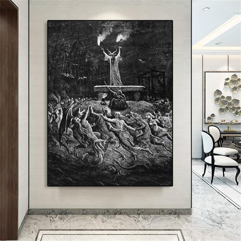Vintage Black Poster Sabbath by Gustave Dore Sabbath Print Occult Print Home Wall Art Decor Dark Art Canvas Painting Pictures