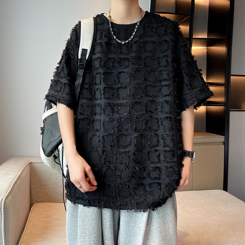 

Мужская летняя футболка свободного кроя в клетку в китайском стиле - Модный трендовый топ с рукавом пять четвертей XXL чёрный