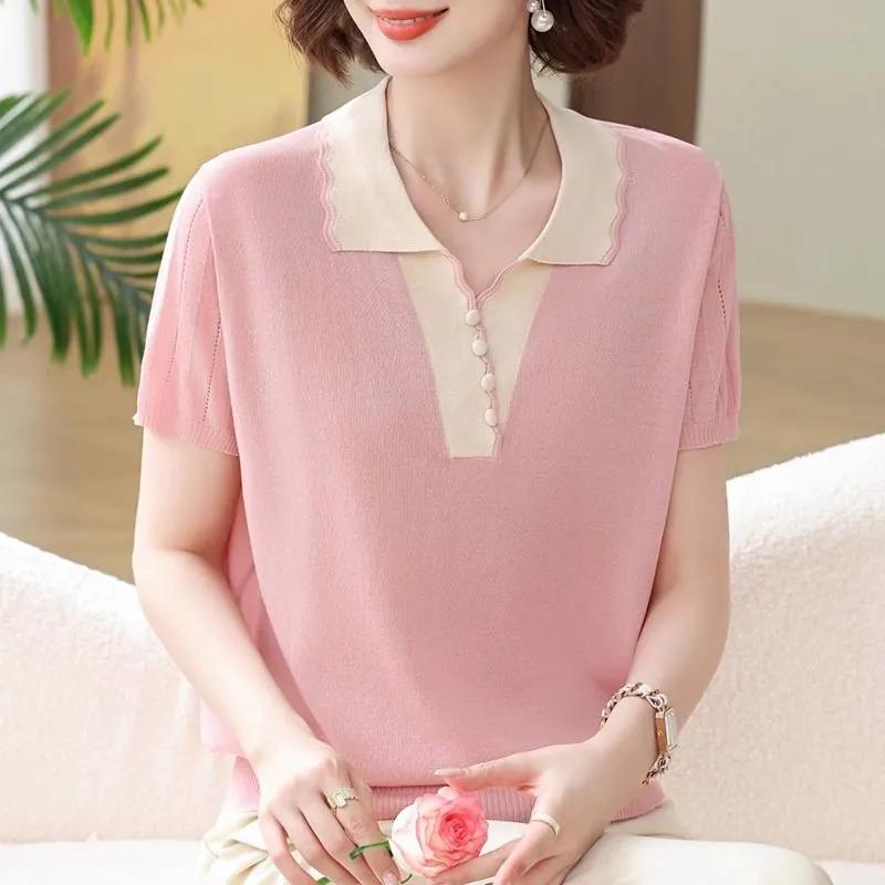 Summer Short-sleeved Middle-aged Women's Ice Silk T-shirt Top Lapel Fashion Pullover