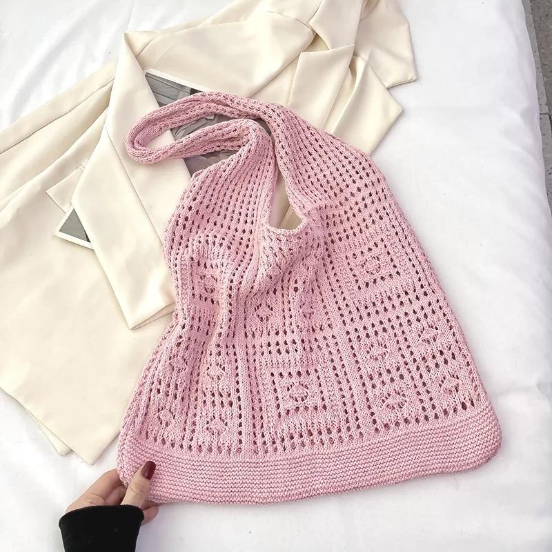 Fashion Crochet Tote Bags for Women's Mesh Hollow Out Knitted Casual Shoulder Bag Ladies Shopping Bag Top-Handle Bags Handbags