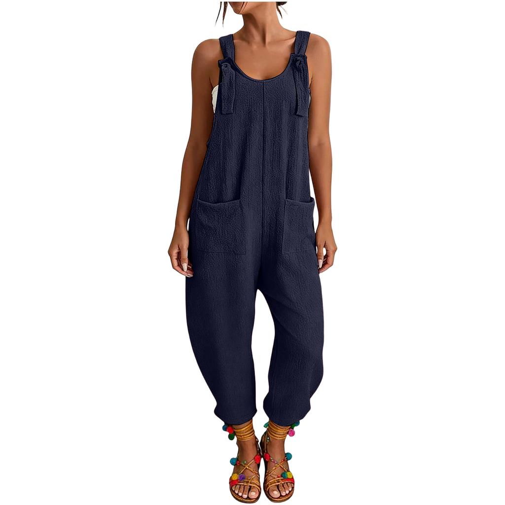 Women's Spring Jumpsuits Adjustable Strap Vintage Color Sleeveless Pants With Pockets