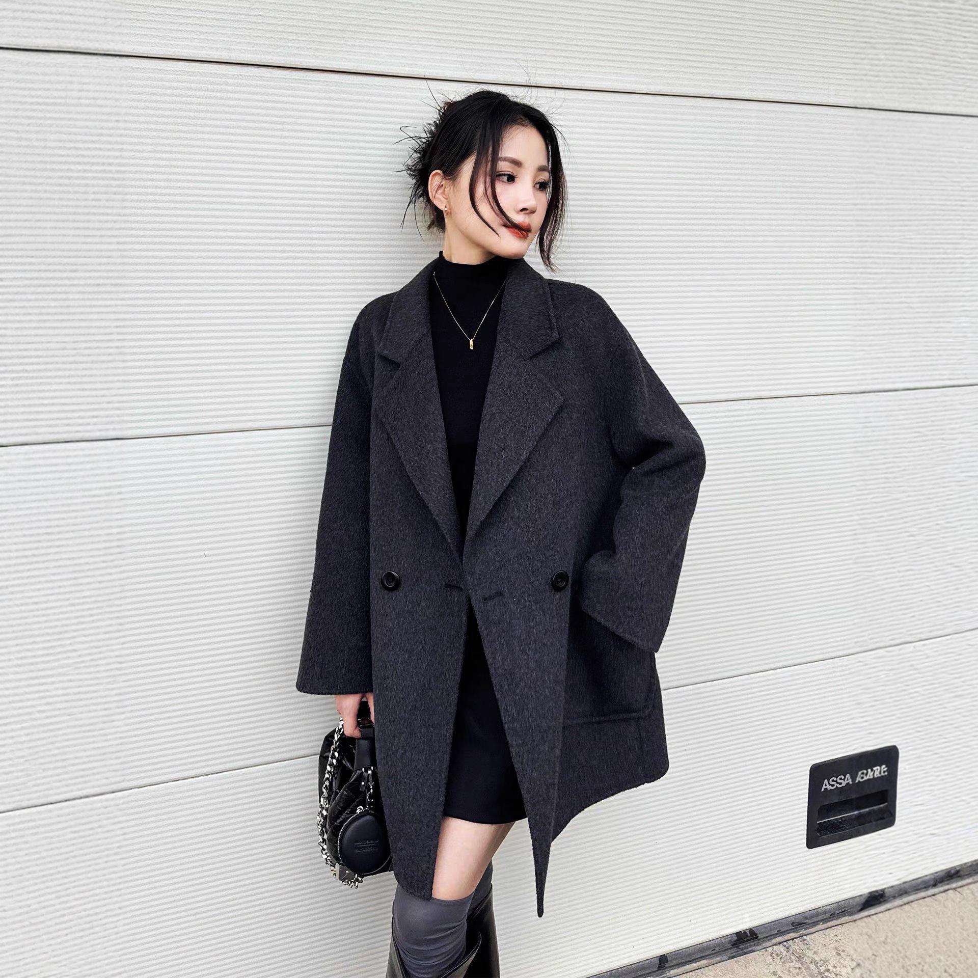 

Женское кашемировое пальто в корейском стиле с воротником-стойкой, средней длины Medium (115-150 lbs)