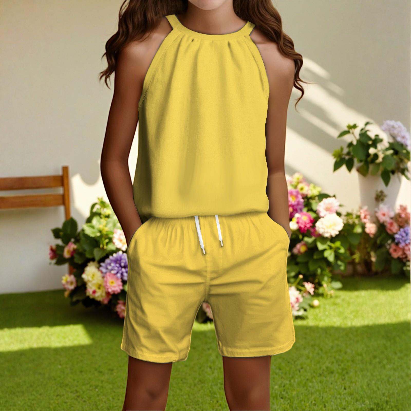 

Детский повседневный модный комплект: топ без рукавов с круглым вырезом и шорты 160 жёлтый