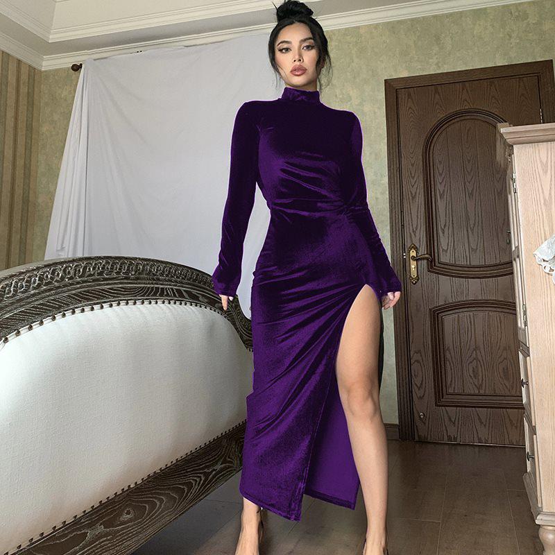 2023 European & American Style High Neck Velvet Long Dress with Slim Fit, Ruched Detailing & Slit - Autumn/Winter Women’s Fashion