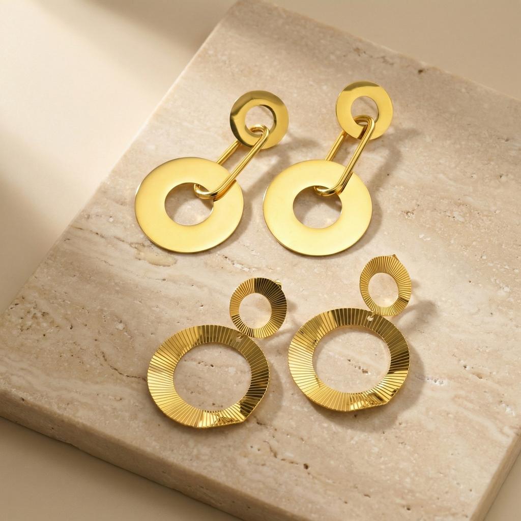 Stainless Steel Geometric Hollow Circle Drop Earrings, Minimalist Gold Tone Link Dangle Earrings Women Exquisite Jewelry