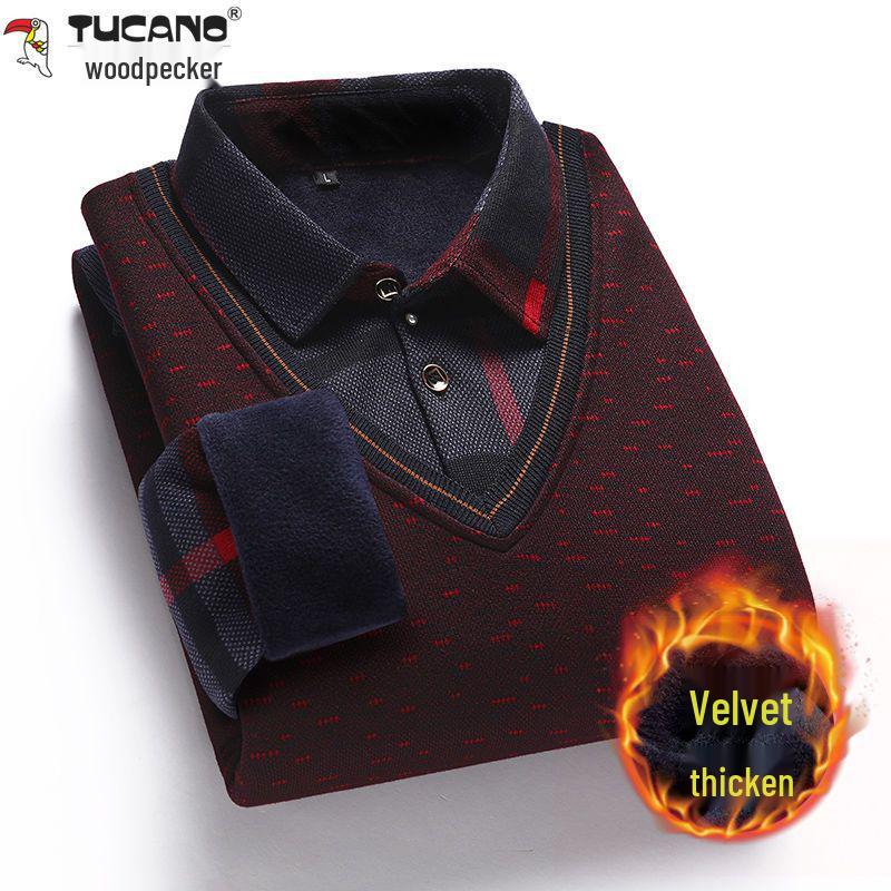 Maglione a due pezzi in maglia con revers foderato in pile da uomo Woodpecker per mezza età e anziani - Caldo abbigliamento invernale