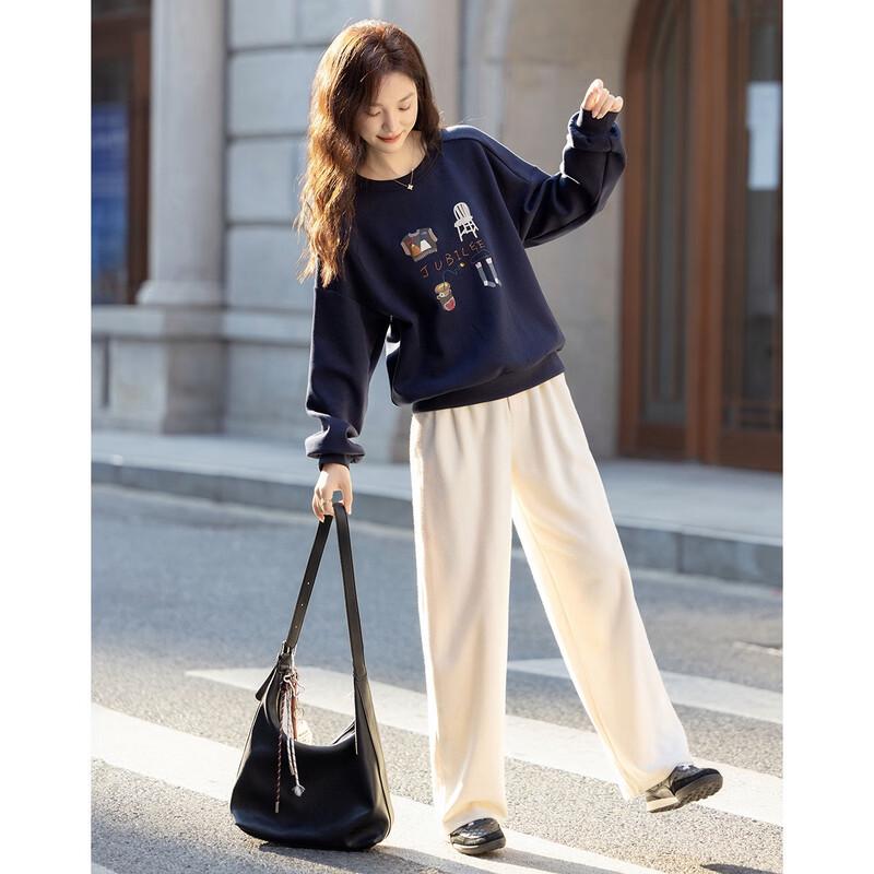 DeMana Women's Korean Style Embroidered Round Neck Sweatshirt