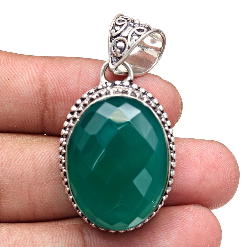 Green Onyx Gemstone Mother's Day Handmade Silver Jewelry Pendant  1.75"
