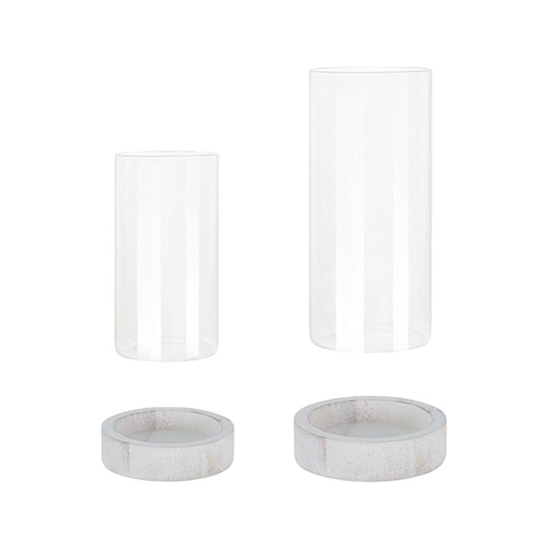 Set aus 2 klaren Glaszylinder-Vasen, winddichte Kerzenhalter mit Holzplatte für Blumenarrangements, Partytische und Wohnzimmerdekorationen