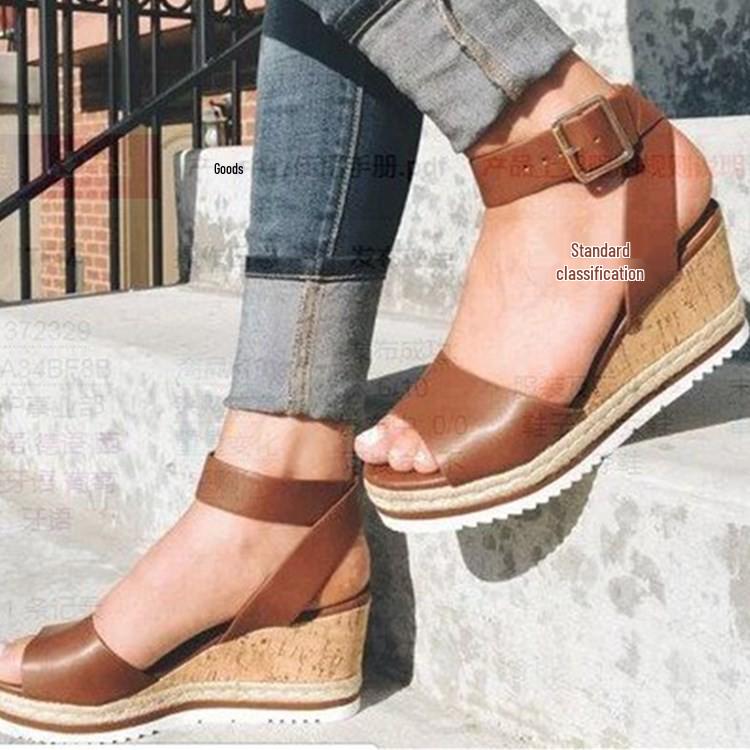 2023 Women's Plus Size Peep Toe Wedge Sandals - European & American Fashion with Buckle Strap