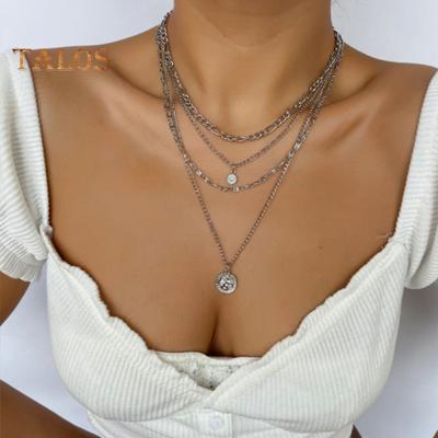Halskette für Damen, mehrschichtiger Münzanhänger, dicke, hohle Kette, verstellbare Länge, galvanisiert, Hip-Hop-Club-Party, Punk-Halsschmuck