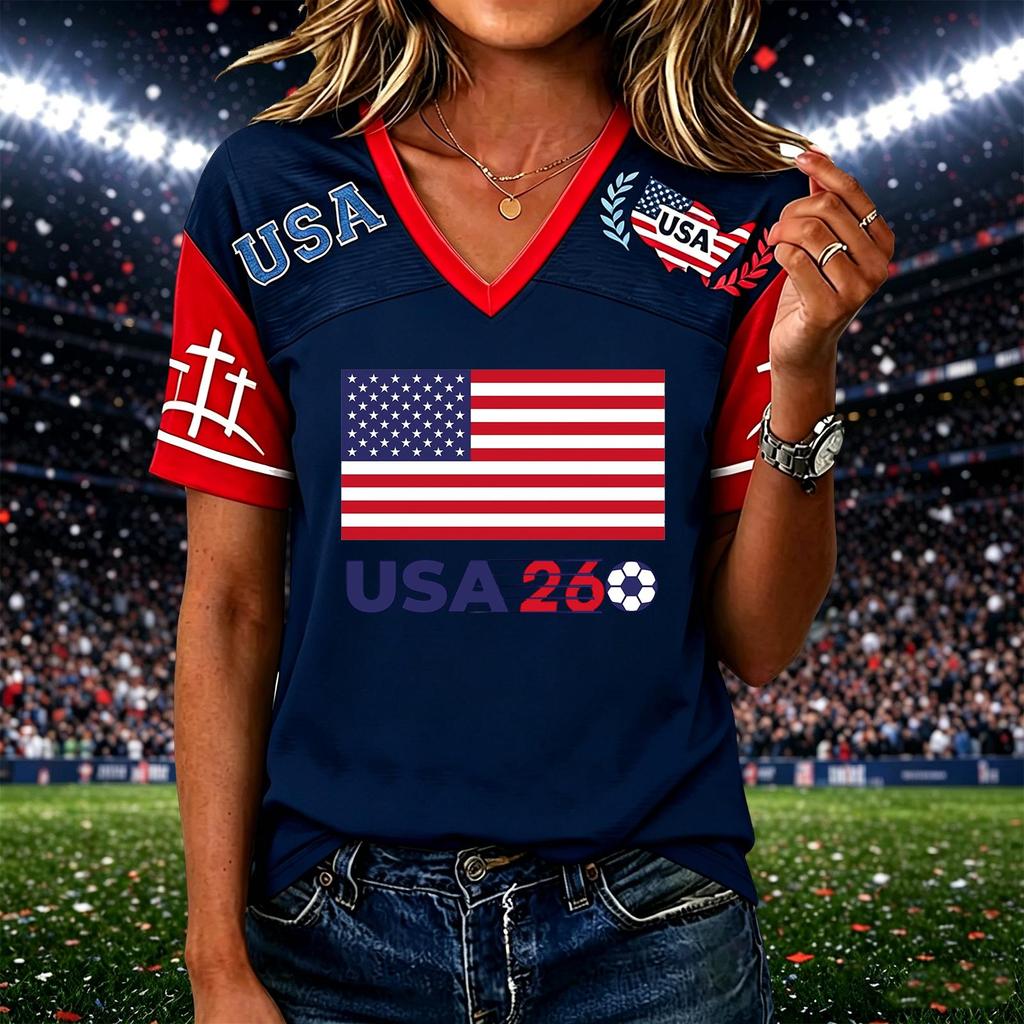 Womens Casual Short Sleeve Soccer Print V Neck Pullover Top Lightweight Breathable Soft Fabric Comfortable Fit