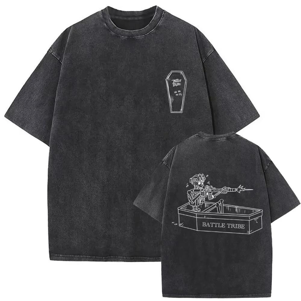 Vintage Washed Black ShortSleeve TShirt Featuring Battle Tribe Skeleton Sniper Coffin Graphic Print For Streetwear  Tactical Fans S
