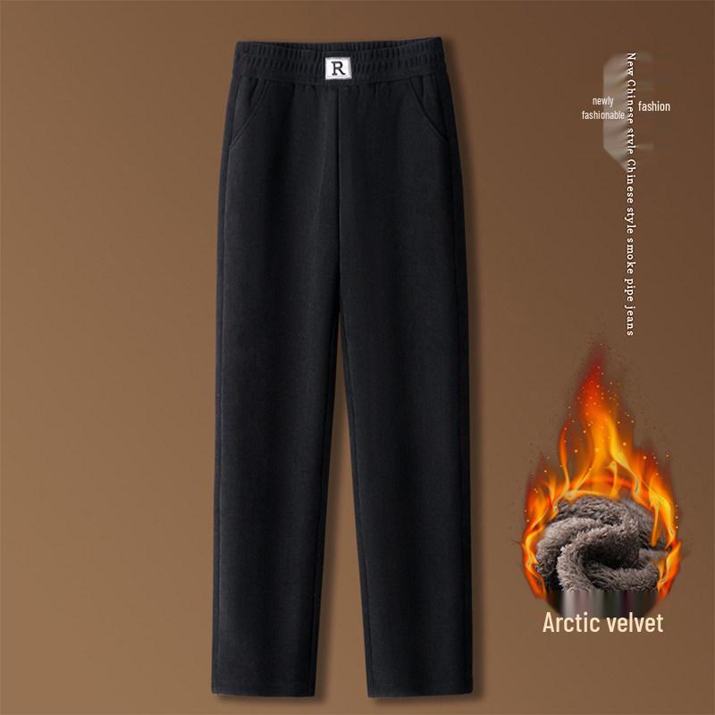 Mom's Fleece-Lined Cotton Pants, Thickened Straight-Leg, Warm Autumn/Winter Trousers for Middle-Aged/Elderly Women.
